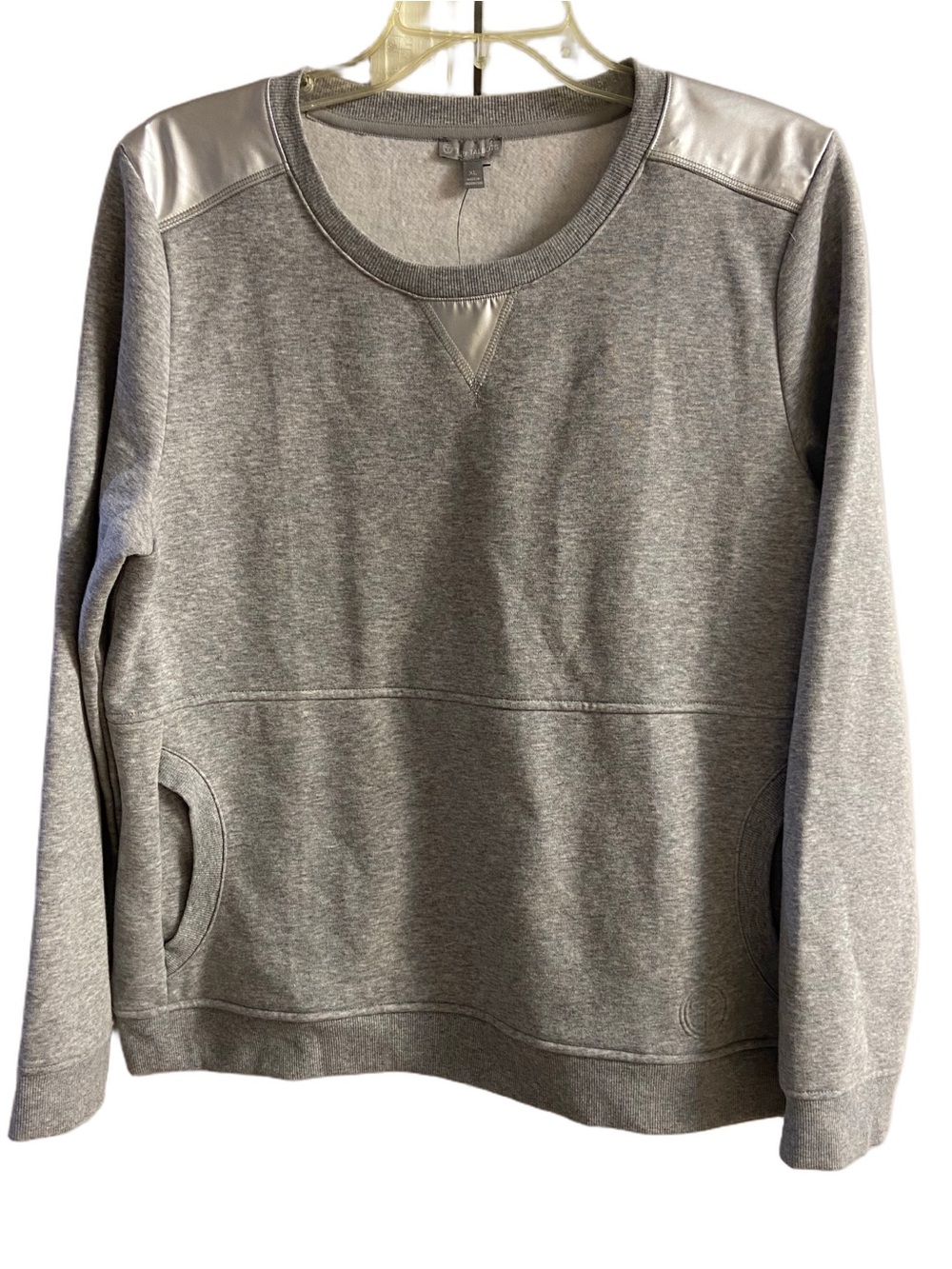 T By Talbots Grey Long Sleeve Sweatshirt Faux Leather Metallic Shoulder Accent